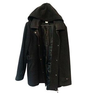 ST JOHNS BAY Black Wool Blend Full Zip Coat Detachable Hood -  Womans XL Petite